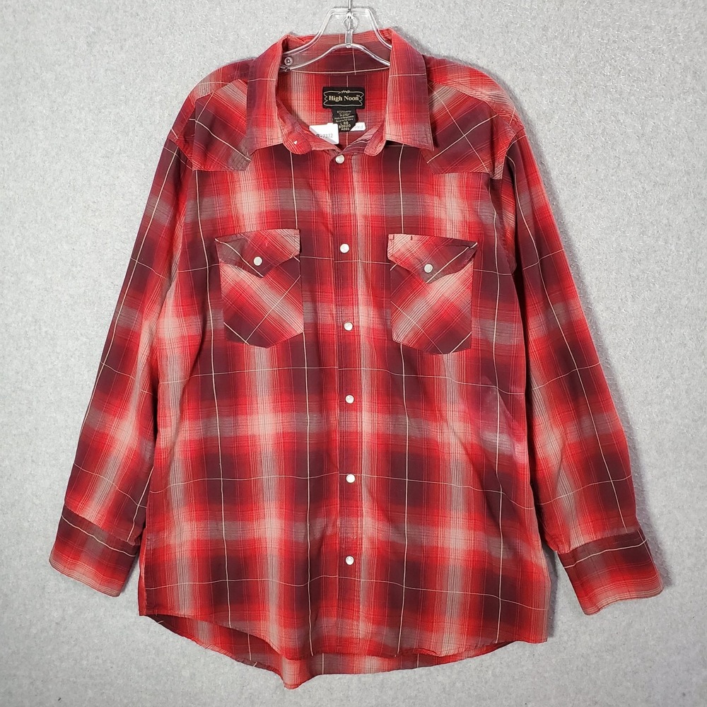 High Noon Men Button Up Shirt Large Red Plaid Pearl Snap Western READ